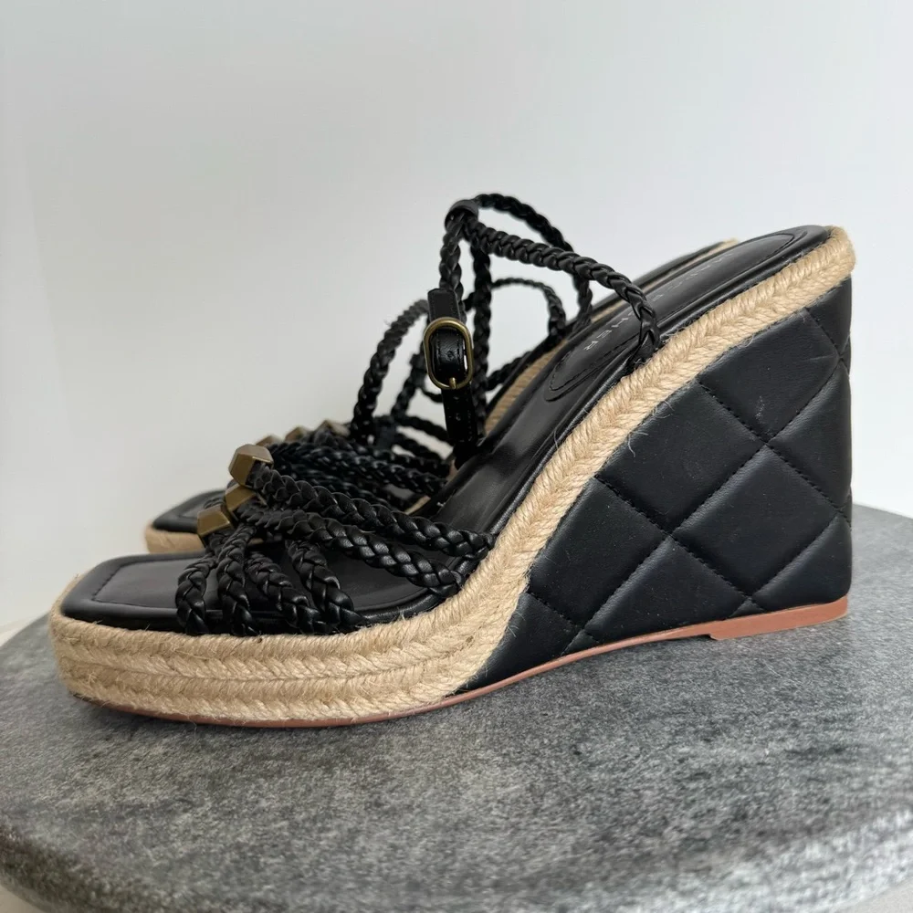 Marc Fisher Black Tan Hayla Wedge Heels Sandals 8 Leather